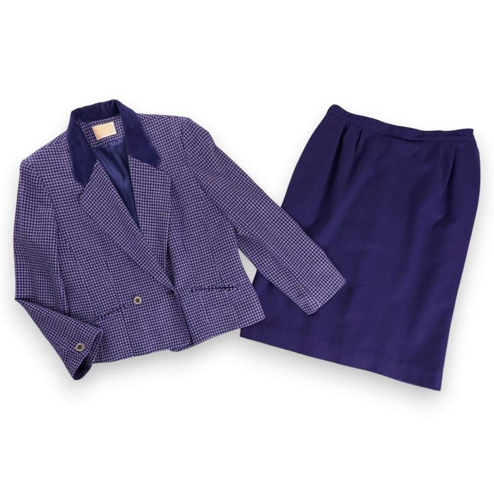 VTG Pendleton Purple Wool Houndstooth Blazer Plaid Two Piece Skirt Set Academia